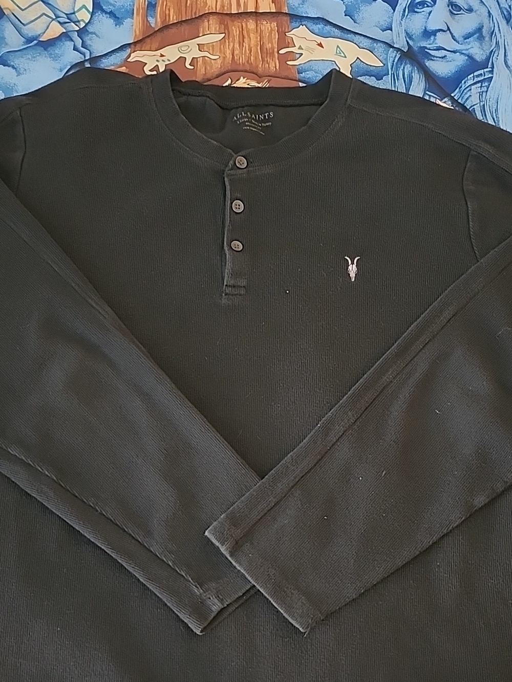 AllSaints Black Ribbed Henley Shirt